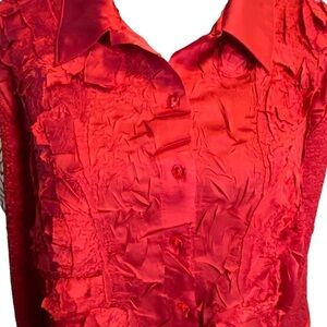 CHICO’S Red Crinkled LS Button Down Tunic with Collar, Side Slit Sz 3 (16/18 XL)
